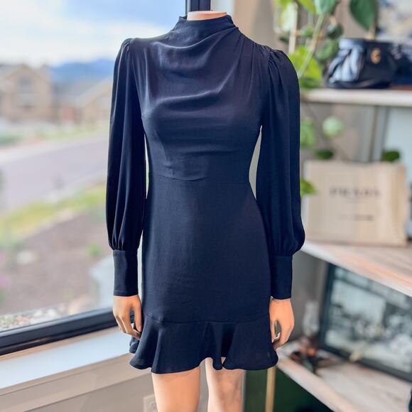 Express, Long Sleeve Draped Mock Neck Ruffle Black Mini Dress Women’s X-Small - Picture 1 of 12